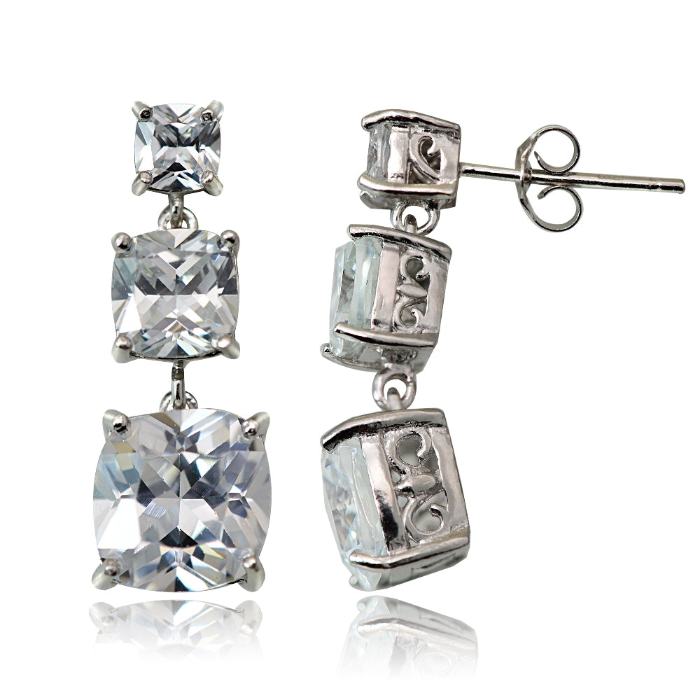 Sterling Silver 10.8ct Cubic Zirconia Three Stone Cushion-Cut Drop Earrings
