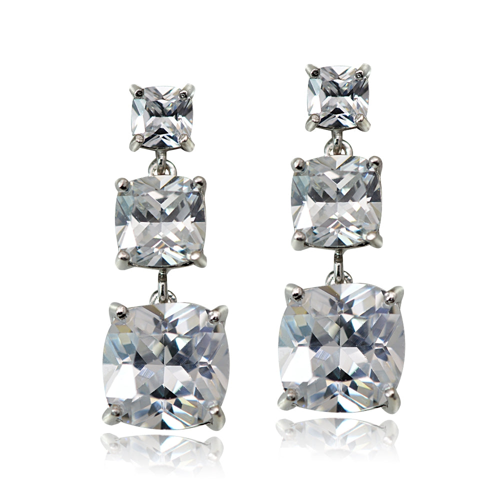 Sterling Silver 10.8ct Cubic Zirconia Three Stone Cushion-Cut Drop Earrings-2