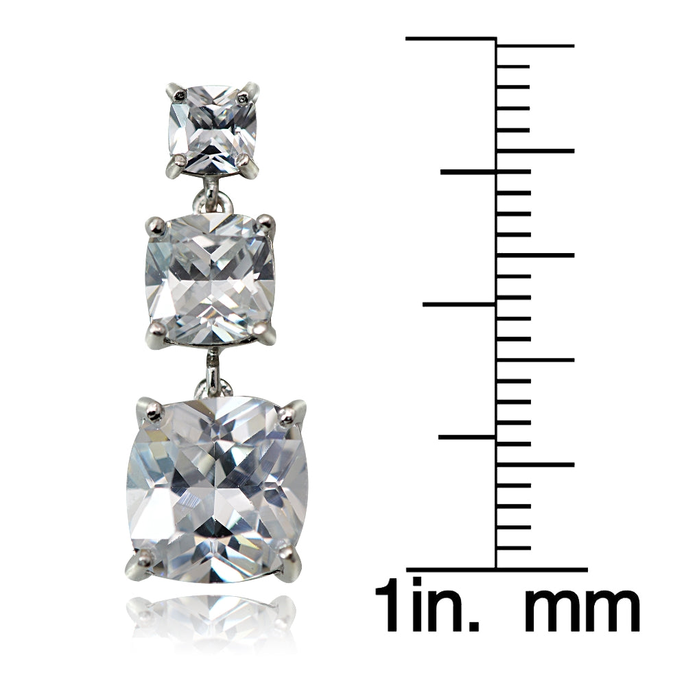 Sterling Silver 10.8ct Cubic Zirconia Three Stone Cushion-Cut Drop Earrings-4