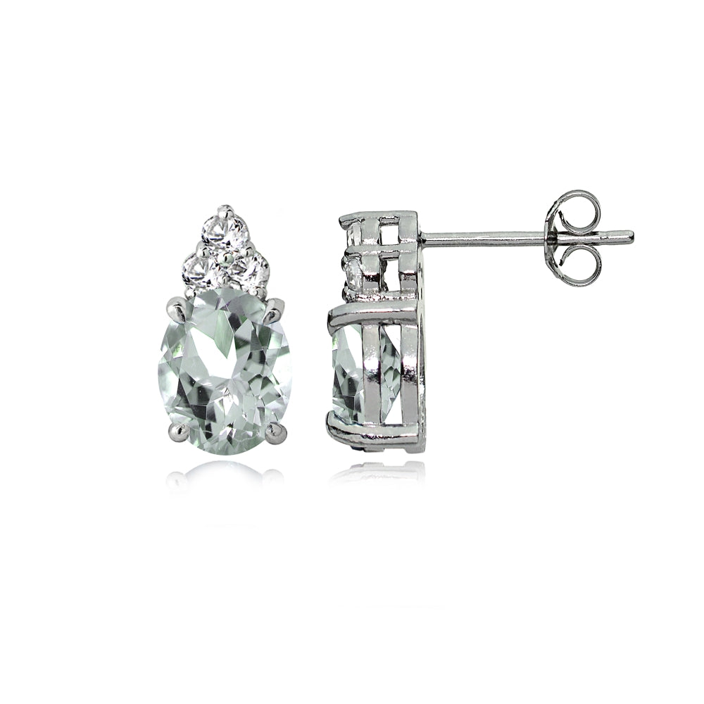 Sterling Silver Aquamarine and White Topaz Oval Crown Stud Earrings-2