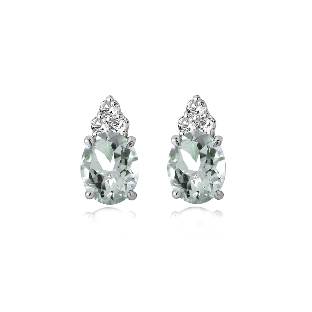 Sterling Silver Aquamarine and White Topaz Oval Crown Stud Earrings-3