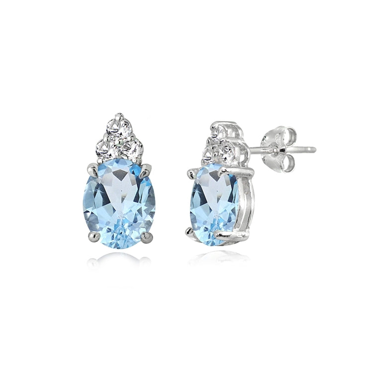 Sterling Silver Blue and White Topaz Oval Crown Stud Earrings