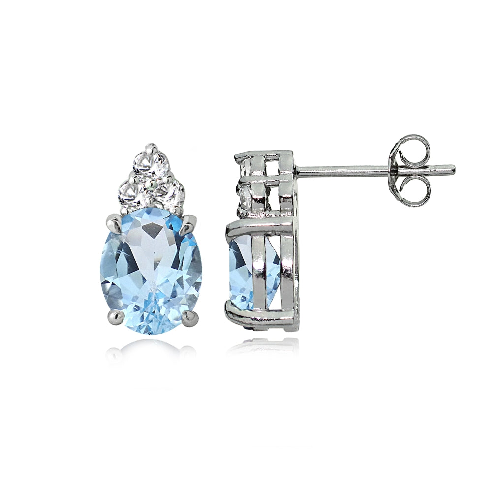 Sterling Silver Blue and White Topaz Oval Crown Stud Earrings-2