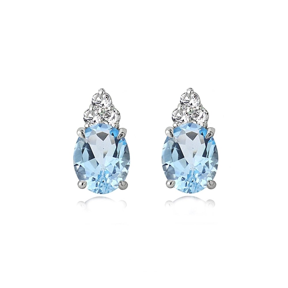 Sterling Silver Blue and White Topaz Oval Crown Stud Earrings-3