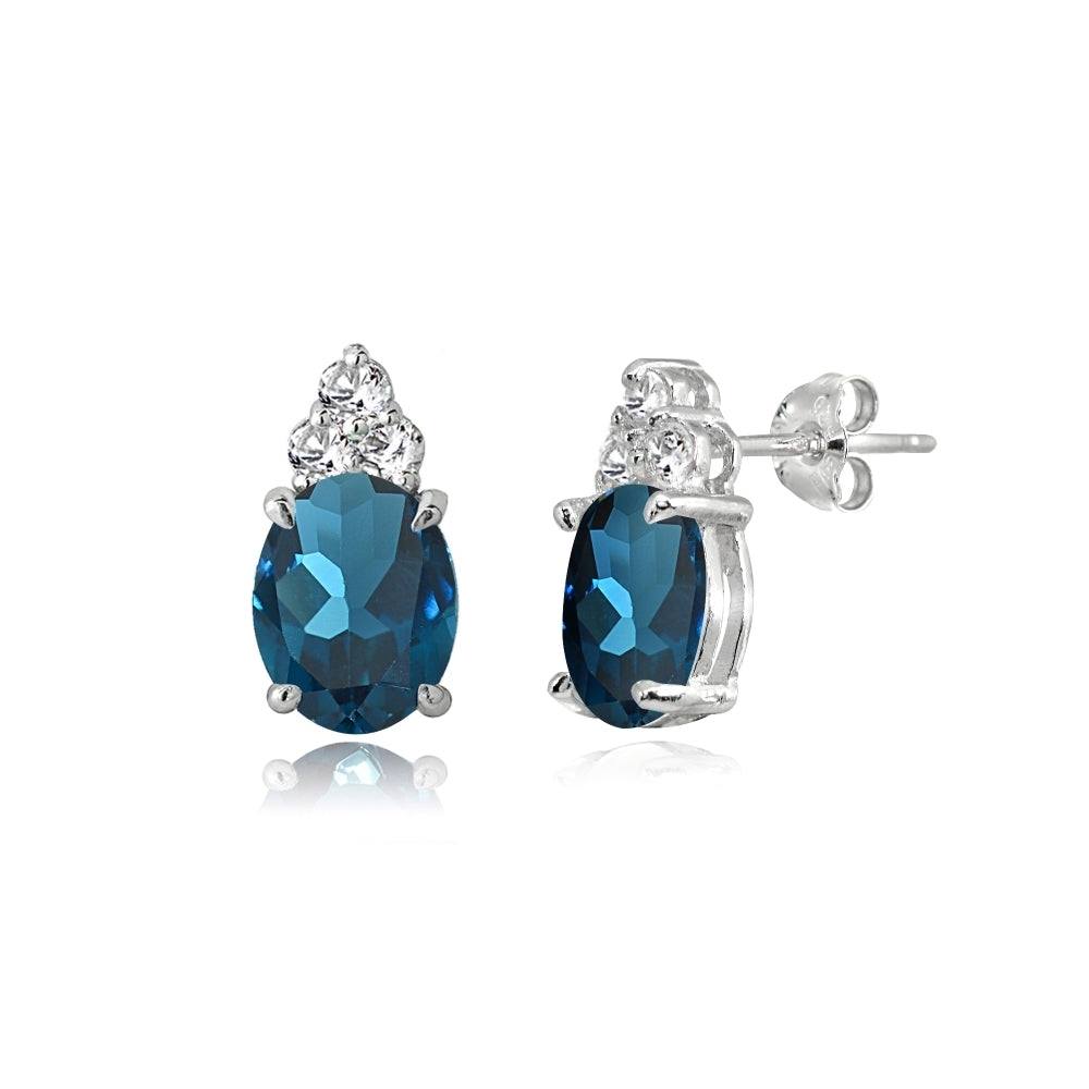 Sterling Silver London Blue and White Topaz Oval Crown Stud Earrings