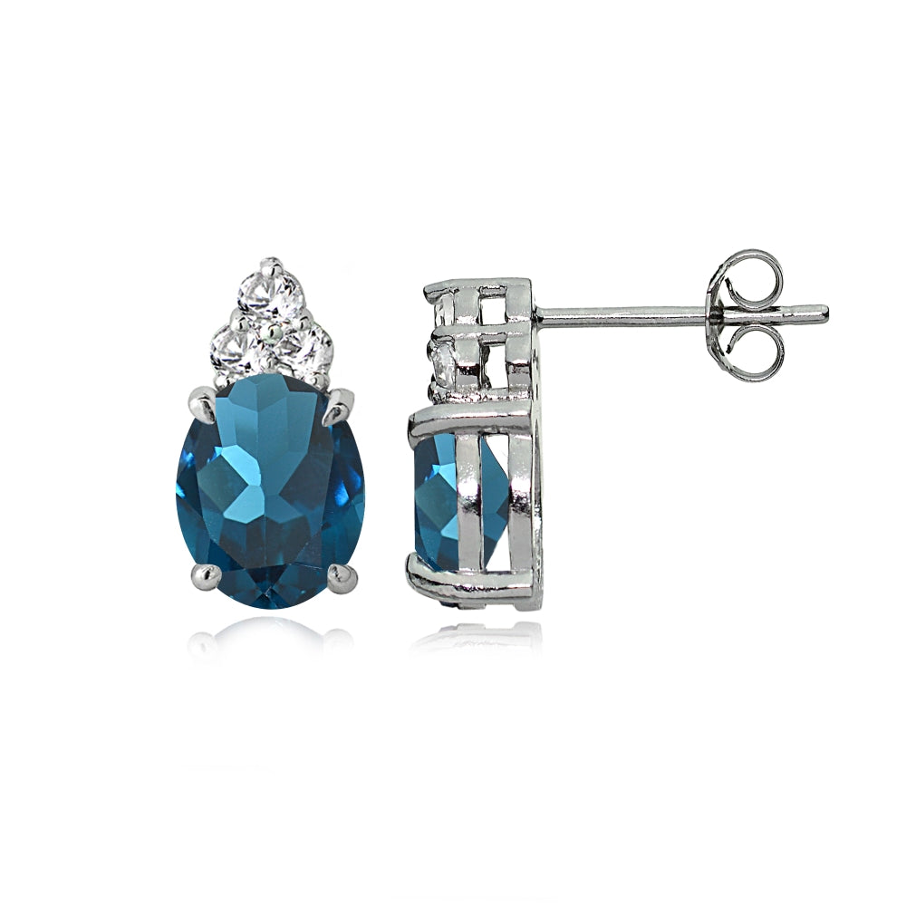 Sterling Silver London Blue and White Topaz Oval Crown Stud Earrings-2