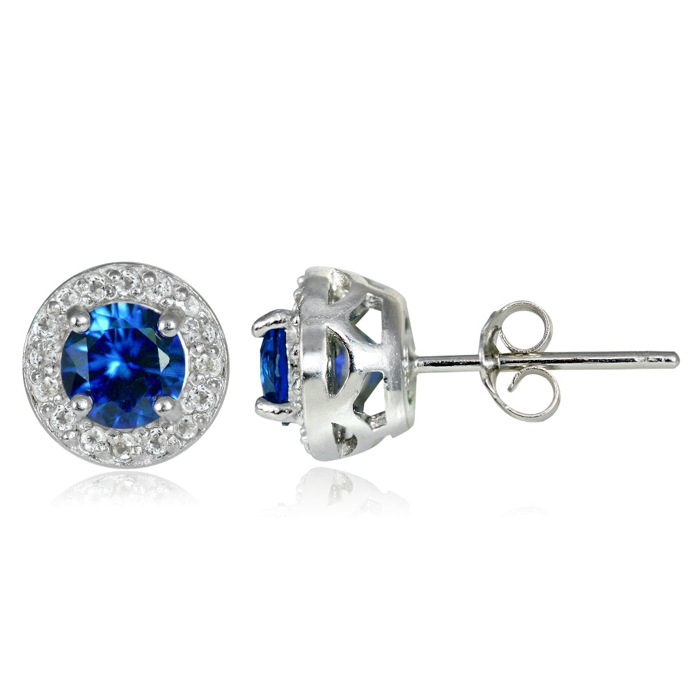 Sterling Silver 1.15ct Created Blue Sapphire & White Topaz 5mm Halo Stud Earrings
