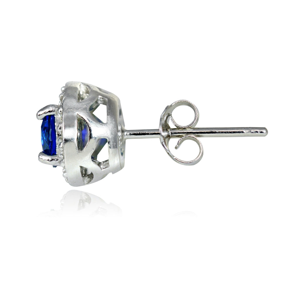 Sterling Silver 1.15ct Created Blue Sapphire & White Topaz 5mm Halo Stud Earrings-2