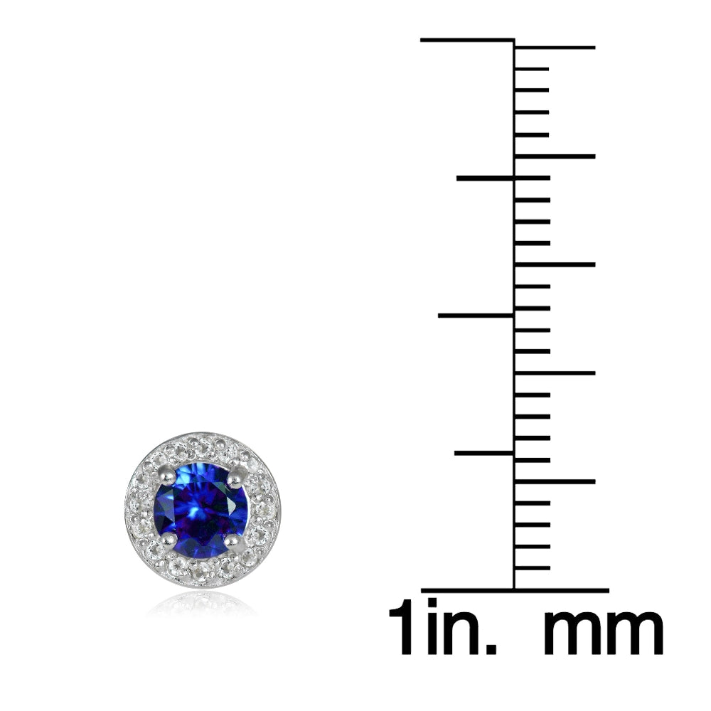 Sterling Silver 1.15ct Created Blue Sapphire & White Topaz 5mm Halo Stud Earrings-3