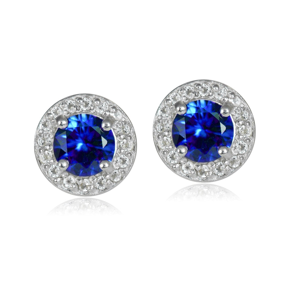 Sterling Silver 1.15ct Created Blue Sapphire & White Topaz 5mm Halo Stud Earrings-4