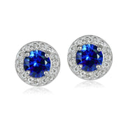 Sterling Silver 1.15ct Created Blue Sapphire & White Topaz 5mm Halo Stud Earrings