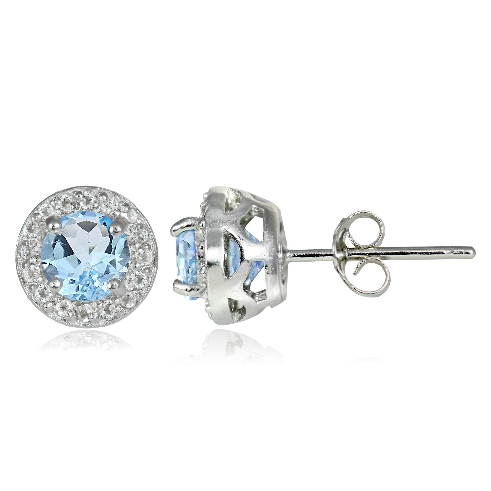 Sterling Silver 1.15ct Blue Topaz & White Topaz 5mm Halo Stud Earrings