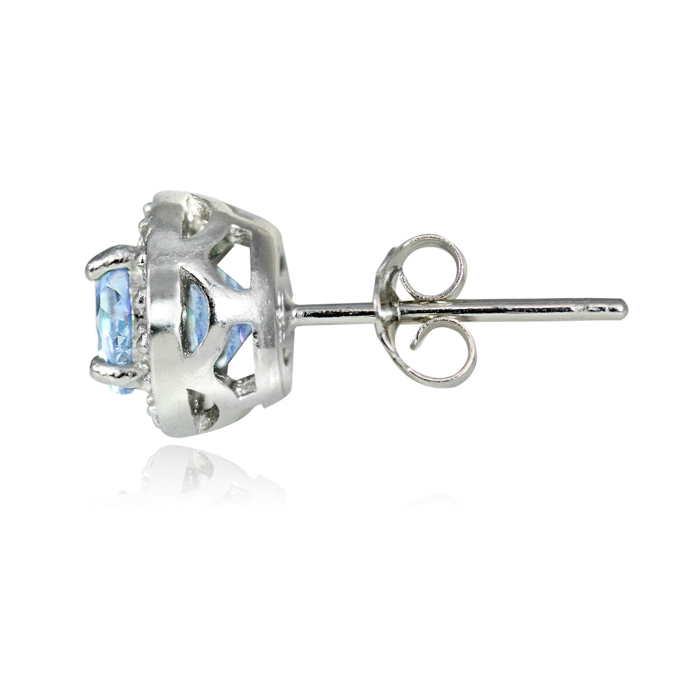 Sterling Silver 1.15ct Blue Topaz & White Topaz 5mm Halo Stud Earrings-2