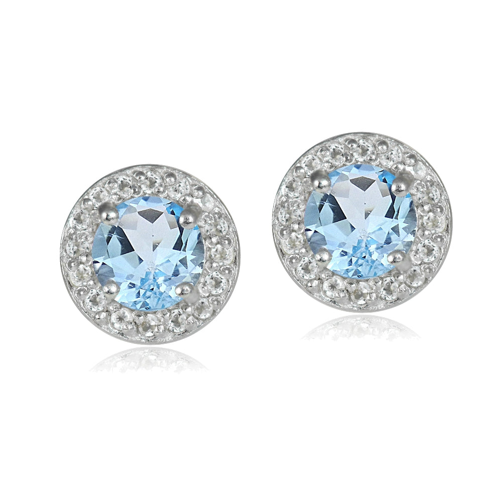 Sterling Silver 1.15ct Blue Topaz & White Topaz 5mm Halo Stud Earrings-4