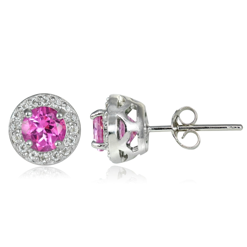 Sterling Silver 2.15ct Created Pink Sapphire & White Topaz 5mm Halo Stud Earrings