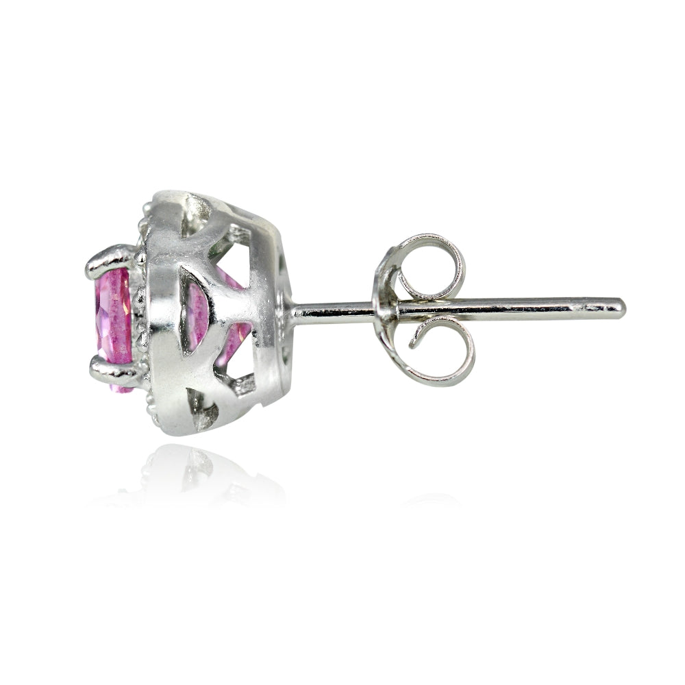 Sterling Silver 2.15ct Created Pink Sapphire & White Topaz 5mm Halo Stud Earrings-2