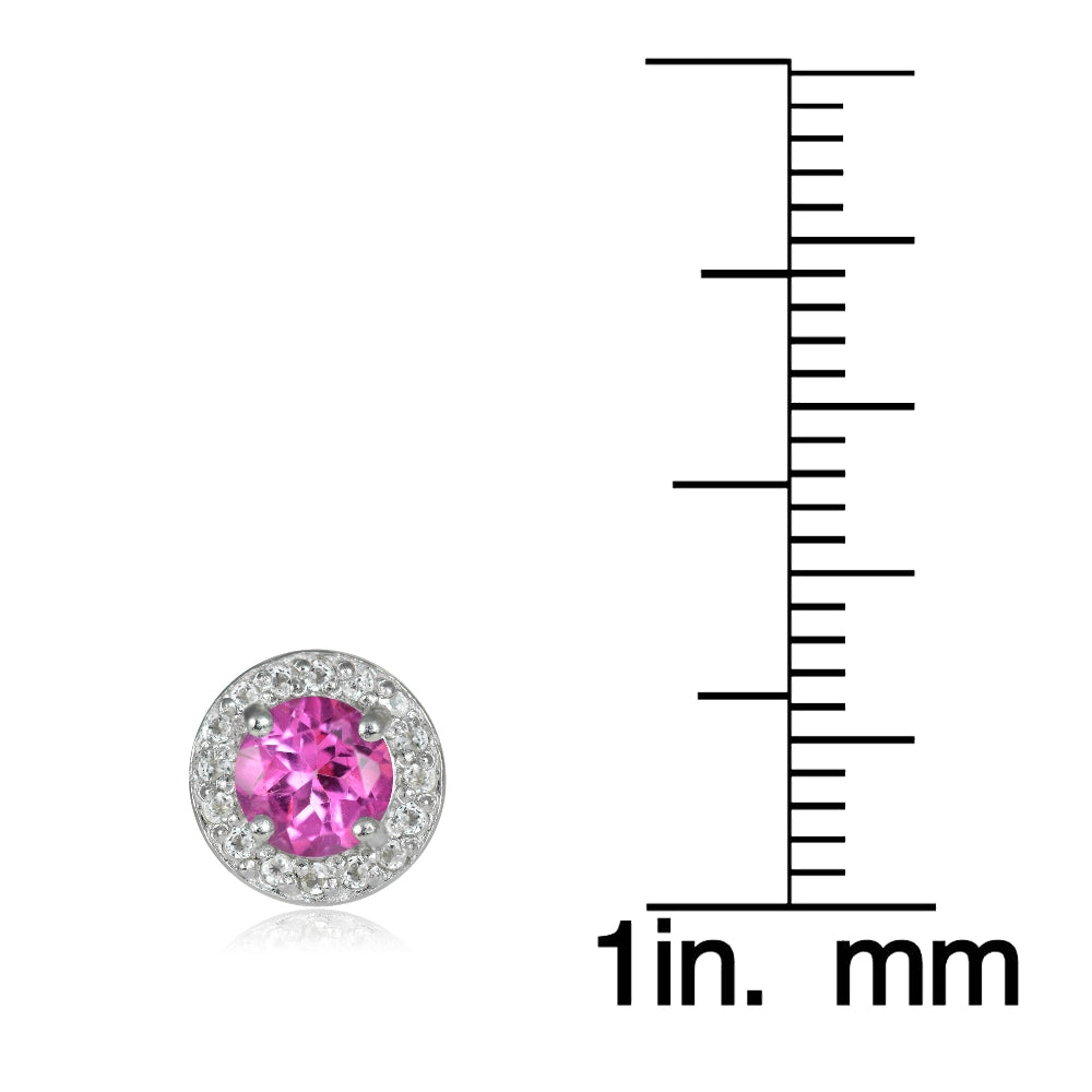 Sterling Silver 2.15ct Created Pink Sapphire & White Topaz 5mm Halo Stud Earrings-3