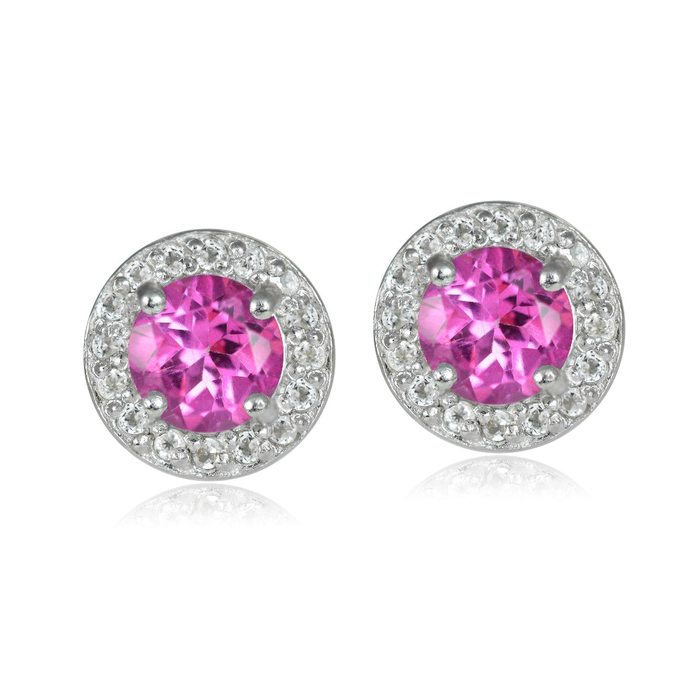 Sterling Silver 2.15ct Created Pink Sapphire & White Topaz 5mm Halo Stud Earrings-4