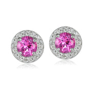 Sterling Silver 2.15ct Created Pink Sapphire & White Topaz 5mm Halo Stud Earrings