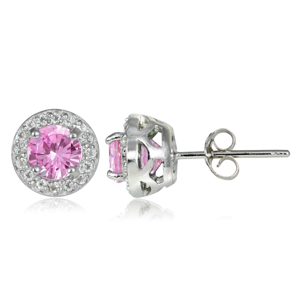 Sterling Silver 1.2ct Pink Topaz & White Topaz 5mm Halo Stud Earrings