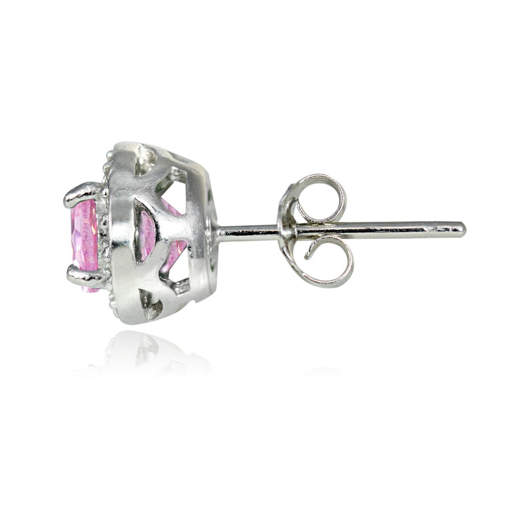 Sterling Silver 1.2ct Pink Topaz & White Topaz 5mm Halo Stud Earrings-2