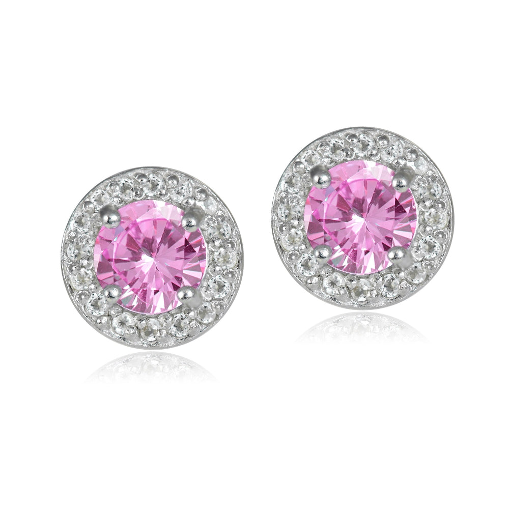 Sterling Silver 1.2ct Pink Topaz & White Topaz 5mm Halo Stud Earrings-4