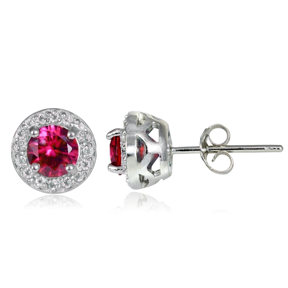 Sterling Silver 1.05ct Created Ruby & White Topaz 5mm Halo Stud Earrings