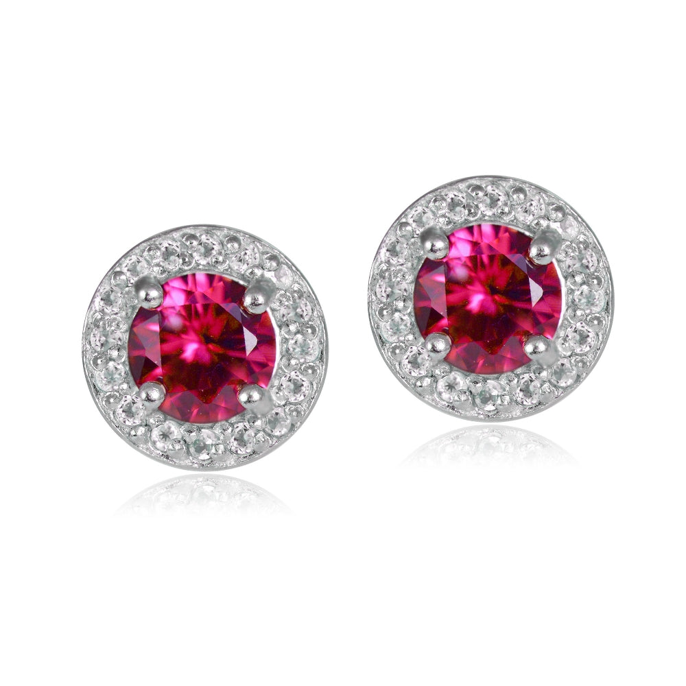 Sterling Silver 1.05ct Created Ruby & White Topaz 5mm Halo Stud Earrings-4
