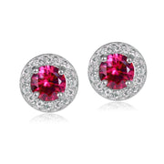 Sterling Silver 1.05ct Created Ruby & White Topaz 5mm Halo Stud Earrings