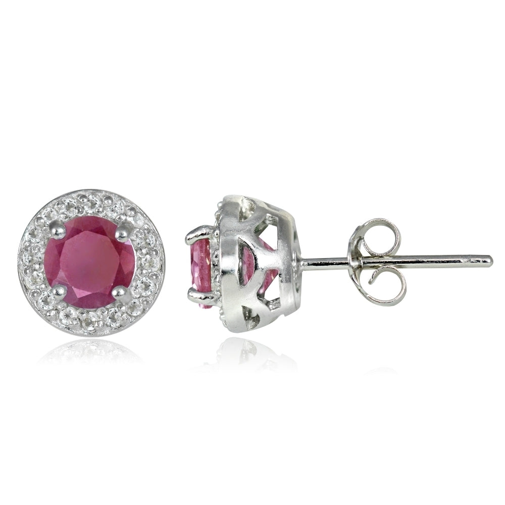Sterling Silver 1.35ct Ruby & White Topaz 5mm Halo Stud Earrings