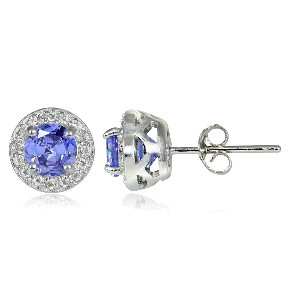 Sterling Silver 1.05ct Tanzanite & White Topaz 5mm Halo Stud Earrings
