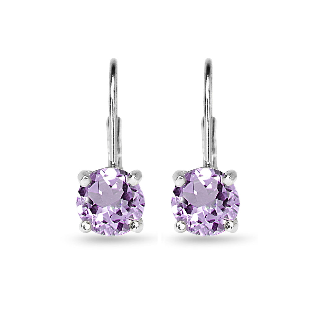Sterling Silver Polished Amethyst 7mm Round Dainty Leverback Earrings-2