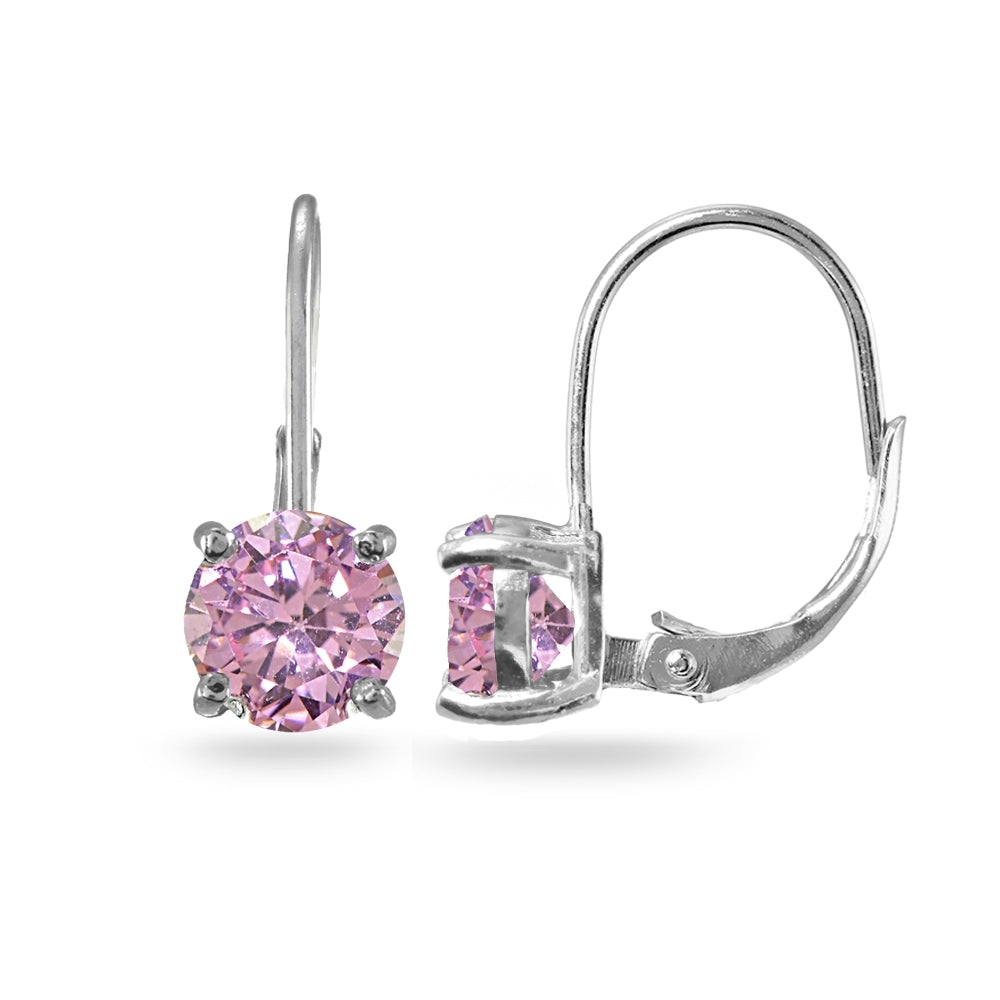 Sterling Silver Pink Cubic Zirconia Round 7mm Leverback Earrings