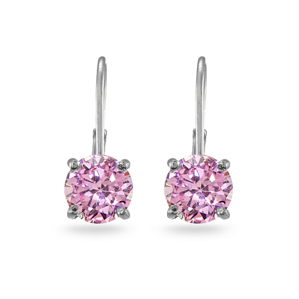 Sterling Silver Pink Cubic Zirconia Round 7mm Leverback Earrings-3