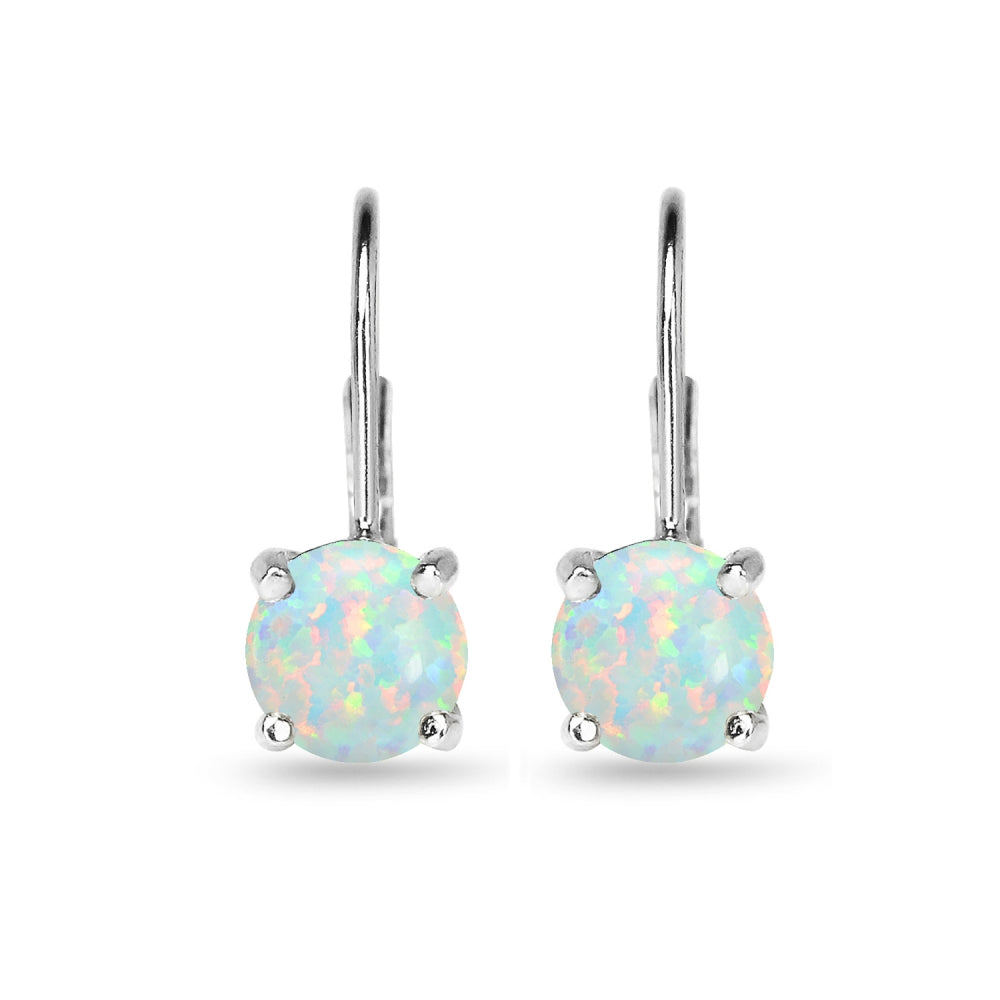 Sterling Silver Polished Created Opal 7mm Round Dainty Leverback Earrings-2