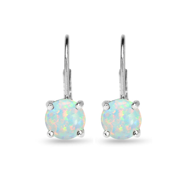 Sterling Silver Polished Created Opal 7mm Round Dainty Leverback Earrings