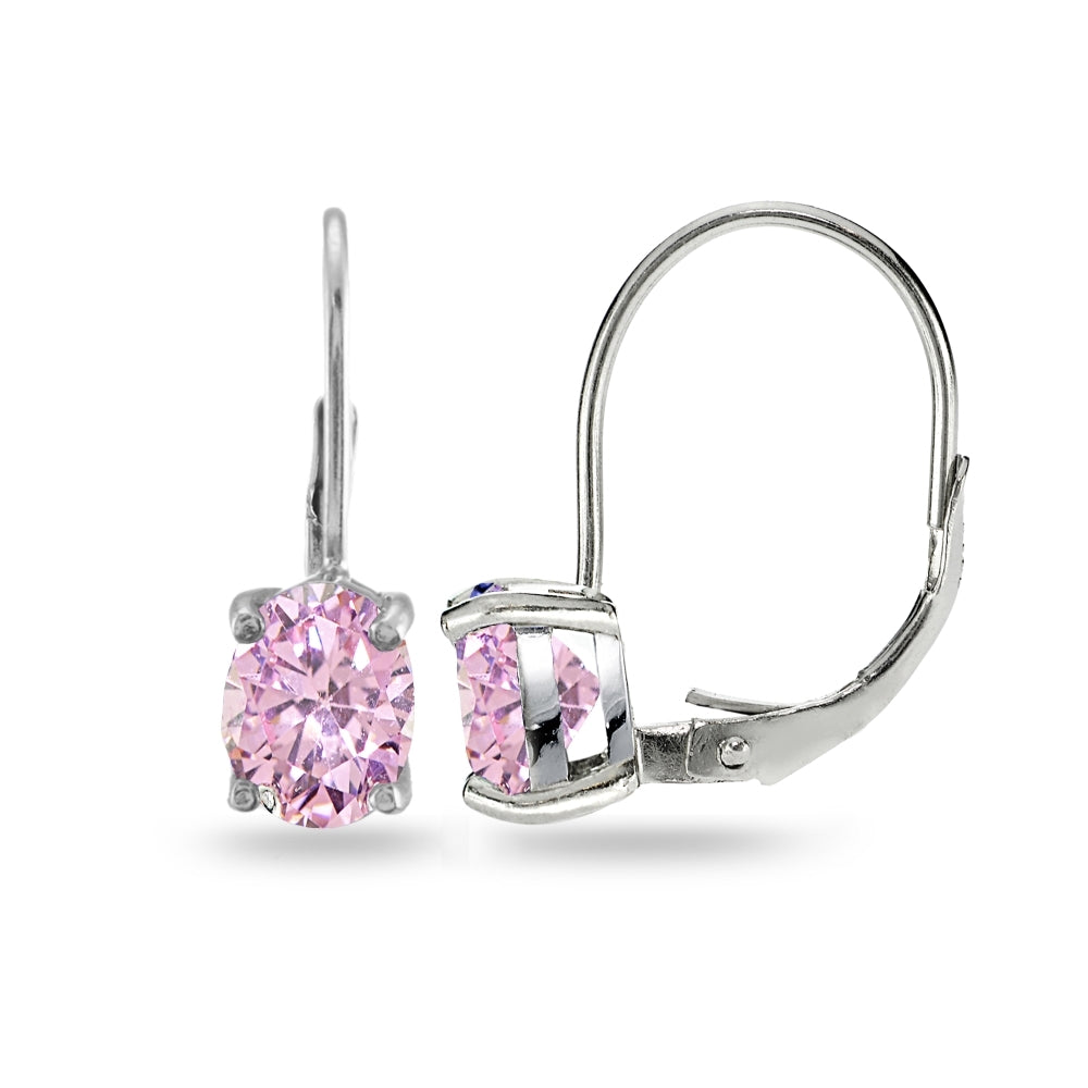 Sterling Silver Pink Cubic Zirconia Oval 8x6mm Leverback Earrings