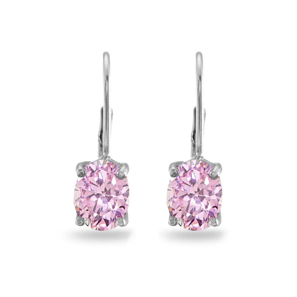 Sterling Silver Pink Cubic Zirconia Oval 8x6mm Leverback Earrings-3