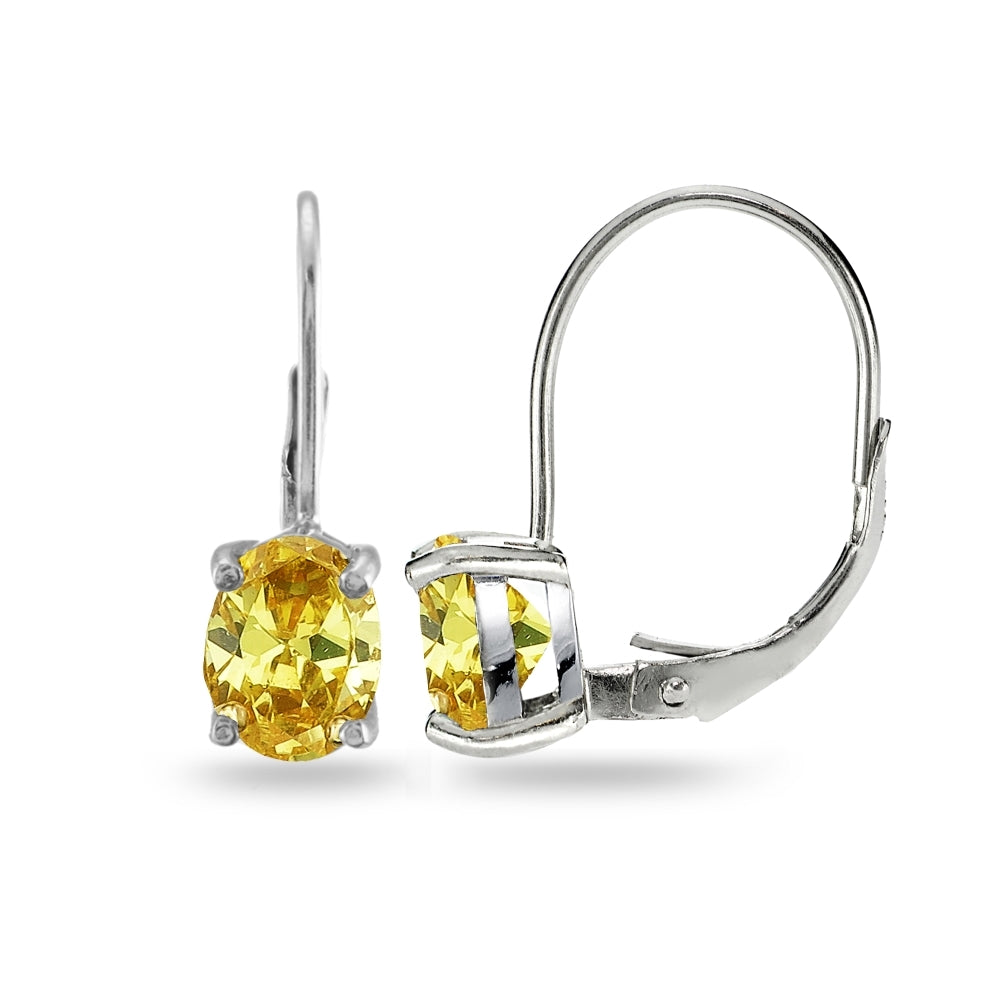 Sterling Silver Yellow Cubic Zirconia Oval 8x6mm Leverback Earrings