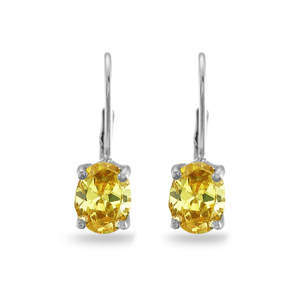 Sterling Silver Yellow Cubic Zirconia Oval 8x6mm Leverback Earrings-3