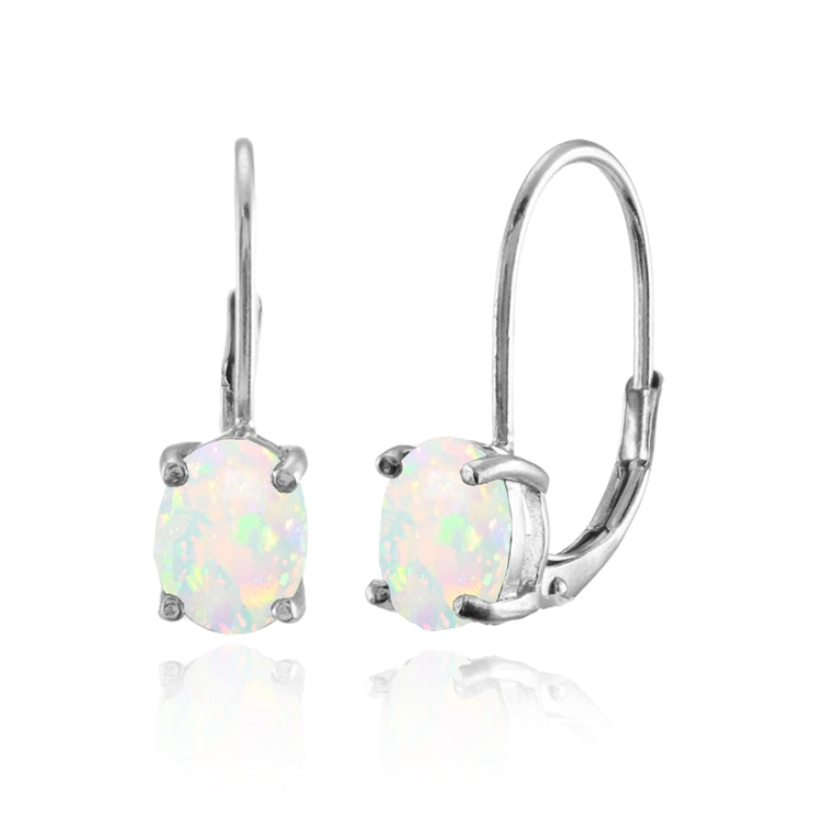 Sterling Silver Created White Opal 8x6mm Oval Leverback Earrings