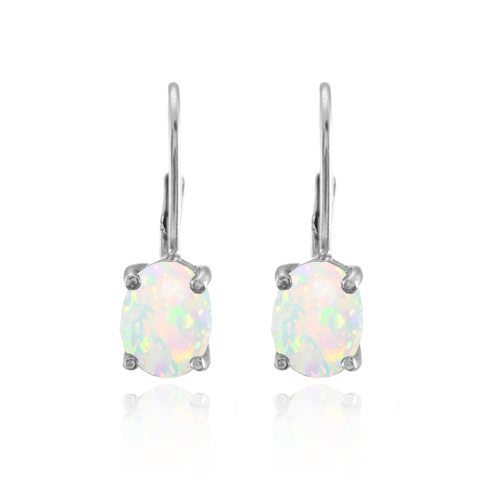 Sterling Silver Created White Opal 8x6mm Oval Leverback Earrings-2