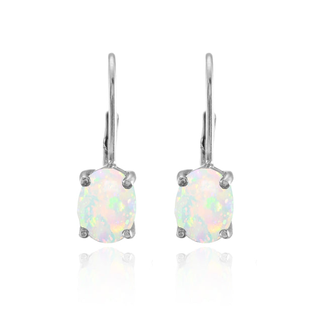 Sterling Silver Created White Opal 8x6mm Oval Leverback Earrings