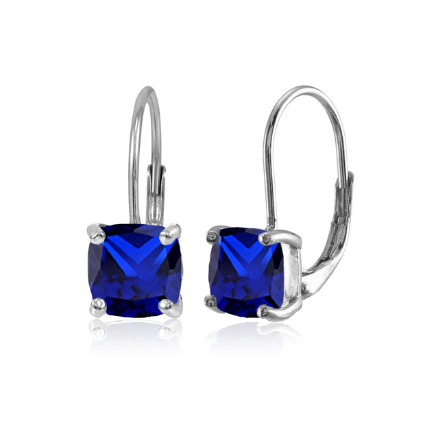 Sterling Silver Created Blue Sapphire 7x7mm Cushion-Cut Leverback Earrings