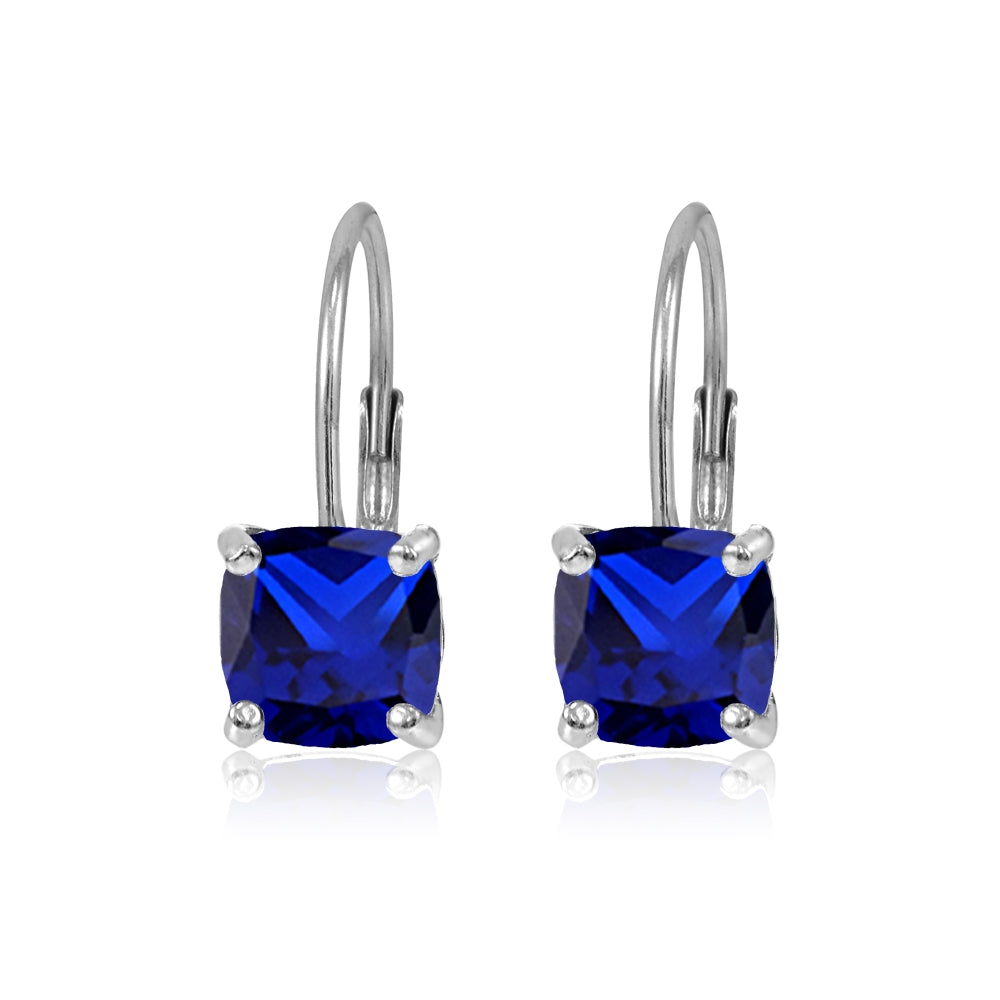 Sterling Silver Created Blue Sapphire 7x7mm Cushion-Cut Leverback Earrings-2