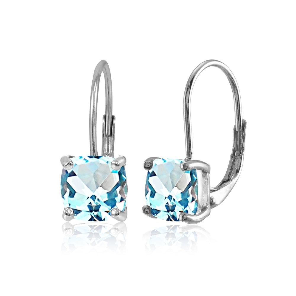 Sterling Silver Blue Topaz 7x7mm Cushion-Cut Leverback Earrings