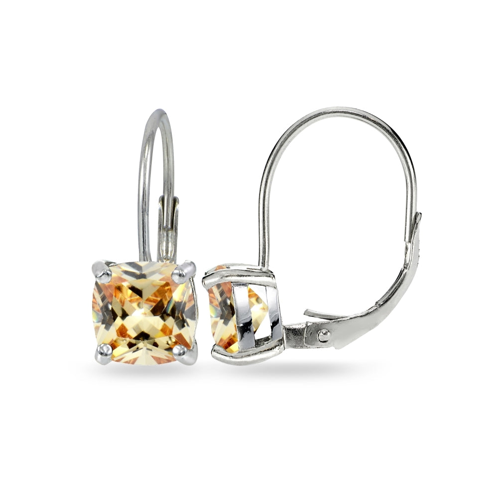 Sterling Silver Champagne Cubic Zirconia Cushion-cut 7x7mm Leverback Earrings