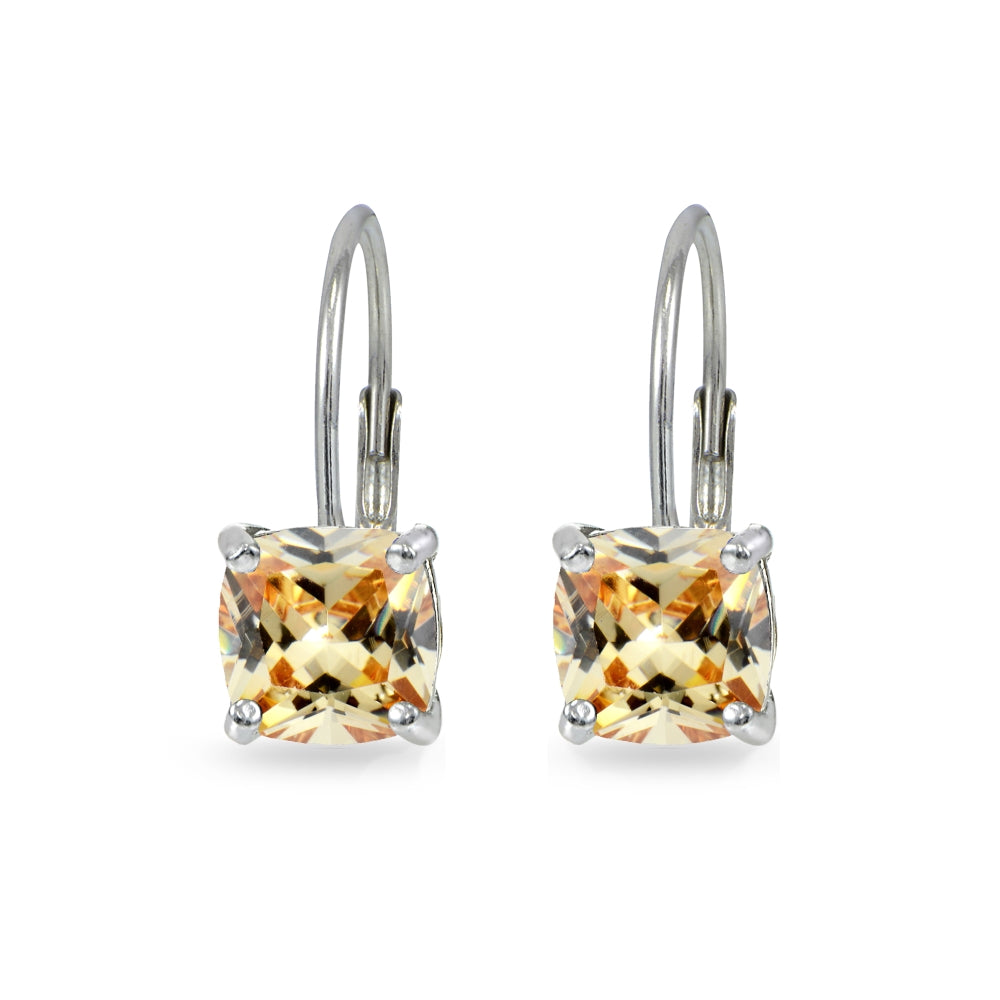 Sterling Silver Champagne Cubic Zirconia Cushion-cut 7x7mm Leverback Earrings-3