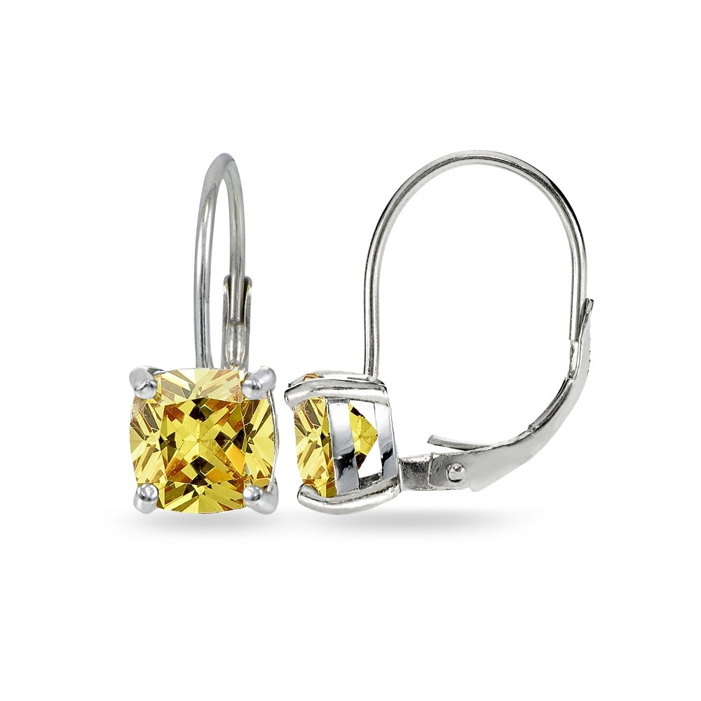 Sterling Silver Yellow Cubic Zirconia Cushion-cut 7x7mm Leverback Earrings