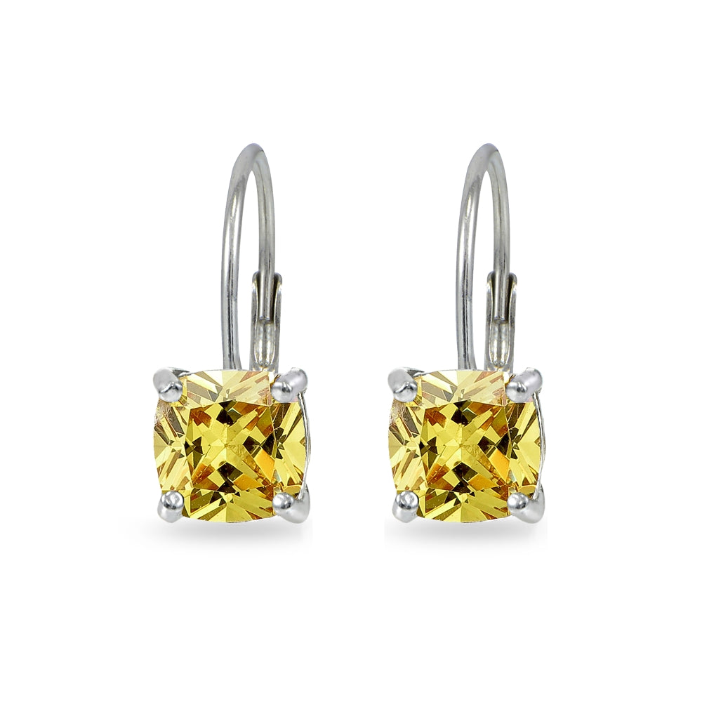 Sterling Silver Yellow Cubic Zirconia Cushion-cut 7x7mm Leverback Earrings-3